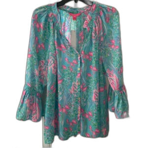 Lilly Pulitzer XL Dakota Blouse in Amalfi Blue Best Fishes EUC